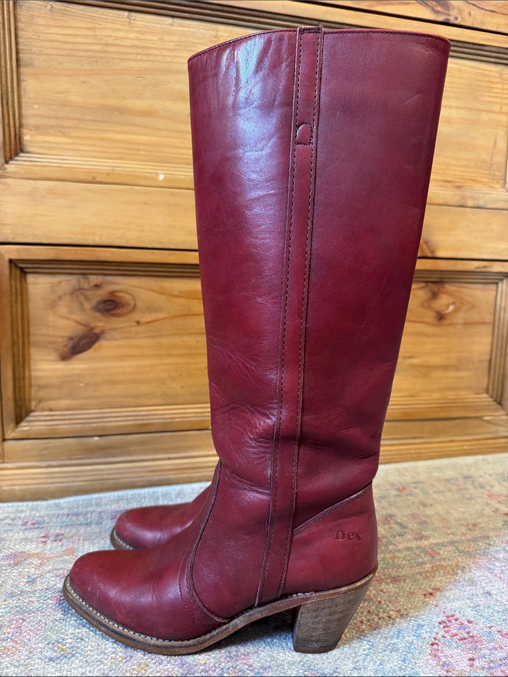 Vtg 70s Dexter Tall Knee-high Campus Oxblood Red Leather Heeled Boots 7.5